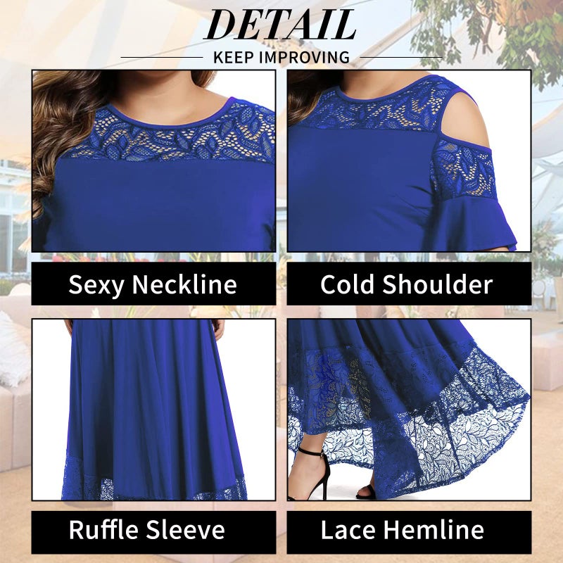 LALAGEN Womens Plus Size Casual Lace Cold Shoulder Long Plain Evening Party Maxi Dress Blue 2X - Image 4
